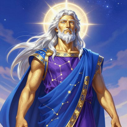 Aether, primordial god of the upper air, in indigo and gold with a corona of crystalline light