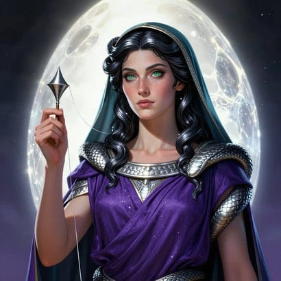 Ananke, primordial goddess of fate, holding a silver spindle with a serpent coiled around her arm, before the glowing primal