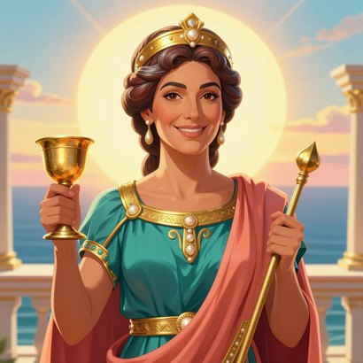 Arete, queen of Scheria, in teal and gold with diadem, holding a gilded cup on her sea-facing terrace