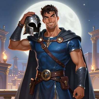 Autolycus, the Prince of Thieves, in indigo leather and hooded cloak, holding his invisibility helmet on a moonlit palace