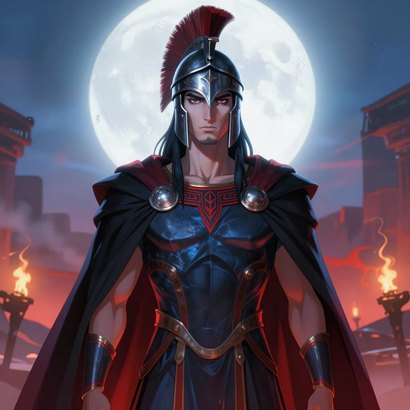 Deimos, god of terror: dark iron helm, black and crimson cloak, small standard, cold aura, battlefield at night