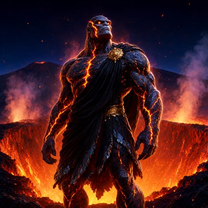 Enceladus, the Giant of Mount Etna, in crimson leather and obsidian cloak, basalt skin with glowing fissures