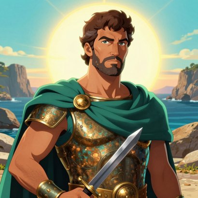 Eurylochus portrait: bronze cuirass, teal chiton, sea-green cloak, Ithacan shore at dusk