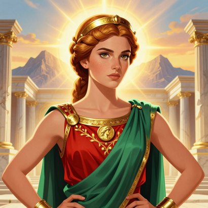 Hermione, daughter of Menelaus and Helen, in crimson and gold with a gold circlet, before the Spartan palace