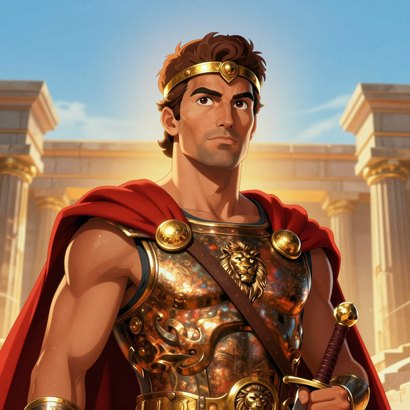 Lynceus, king of Argos, in bronze armour and crimson cloak, gold diadem, sword at hip