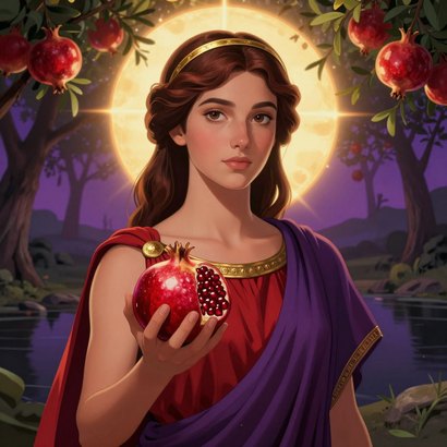 Macaria, daughter of Heracles, in crimson chiton and violet himation, holding a pomegranate before the Macarian spring