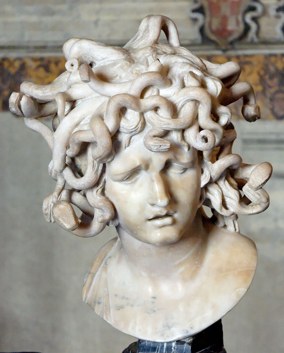 Ancient Greece, the Gorgon Medusa, from a vase, 6th century BC. In Greek  mythology, Medusa was one of three Gorgon sisters. Medusa began life as a  beautiful mortal, who bragged of being