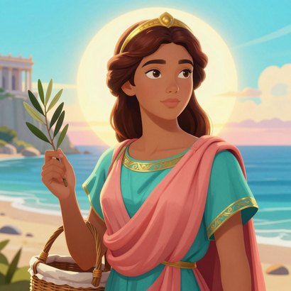 Nausicaa, Phaeacian princess, in teal chiton with gold embroidery, holding a basket of linens on the shore of Scheria
