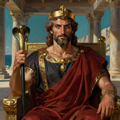 Polydectes, king of Seriphos, in oxblood himation and gold diadem, holding a serpent-topped sceptre, seated in his palace